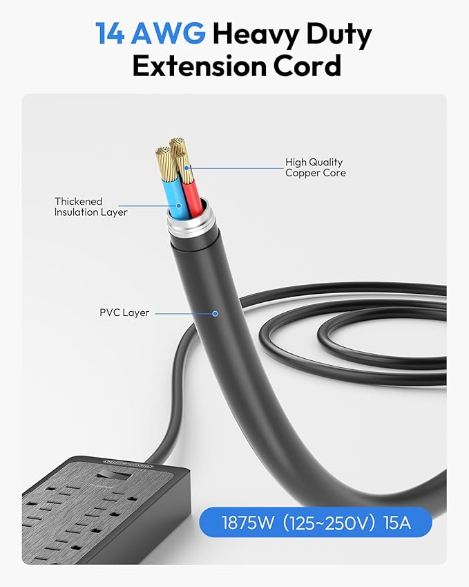 NTONPOWER Flat Plug Extension Cord 25 Ft, Surge Protector Power Strip with 12 Outlets(2 Widely Space) 3 USB, Overload Protection Switch, 2100 Joules, Wall Mount for Home Office and Workbench, Black