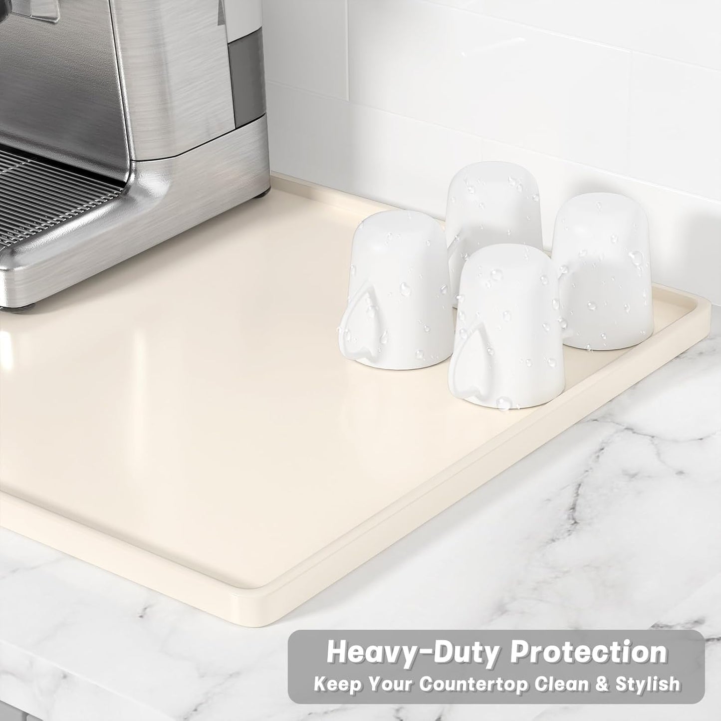 Rnivvi Silicone Coffee Mat, 16" x 24" Waterproof Raised Edge Coffee Bar Mats for Espresso Machine Station Accessories, Heat Resistant Dish Drying Pad for Kitchen Counter, Rubber Bar Decor Pad, Beige