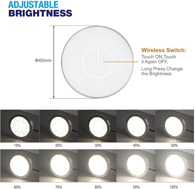 VST Under Cabinet Lighting Plug in with Wireless Touch Dimmer Switch, Recessed or Surface Mount Design, Warm White 3000K 12V 2W(12W Total, 60W Equivalent), 6 Pack Puck Lights Fixtures