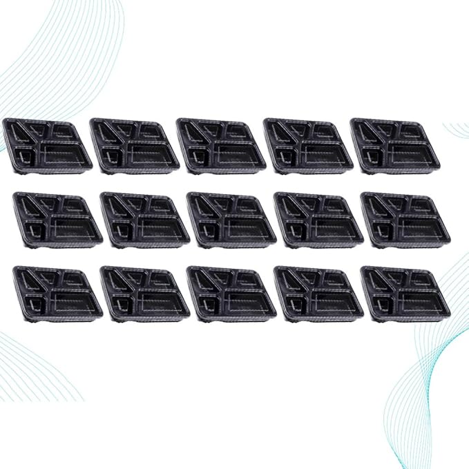 Hemoton 15pcs Disposable Bento Box 5 Compartment Meal Prep Container with Lid Microwave Heating Food Box for Home Restaurant (Black)