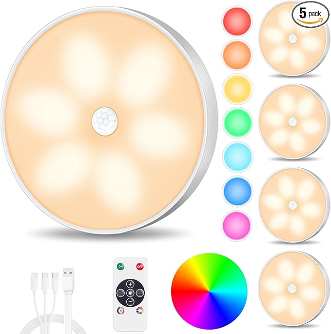 Wireless Motion Sensor Step Lights, 8 Colors Changeable RGB LED Closet Lights with Remote, USB Rechargeable Battery Operated Puck Light, Dimmable Under Cabinet Counter Kitchen Stair Lighting (5 Pack)