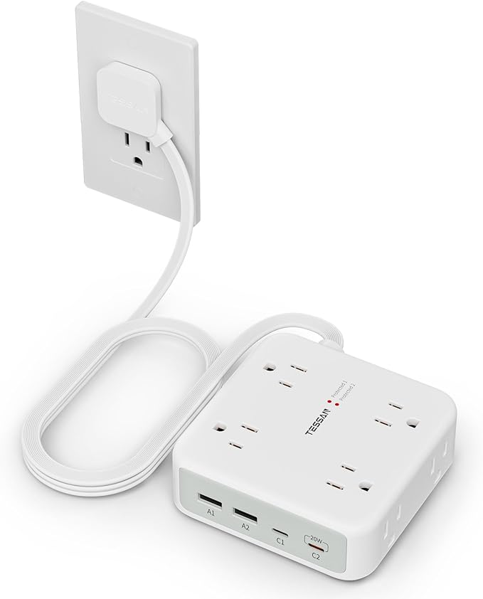 TESSAN Surge Protector Power Strip, 5 Ft Extension Cord Flat Wall Plug with 4 USB (2 USB C) 8 Outlets, 2100J Dual Surge Protection, 20W Multiple Charging Station for Home, Office, College, Dorm Room
