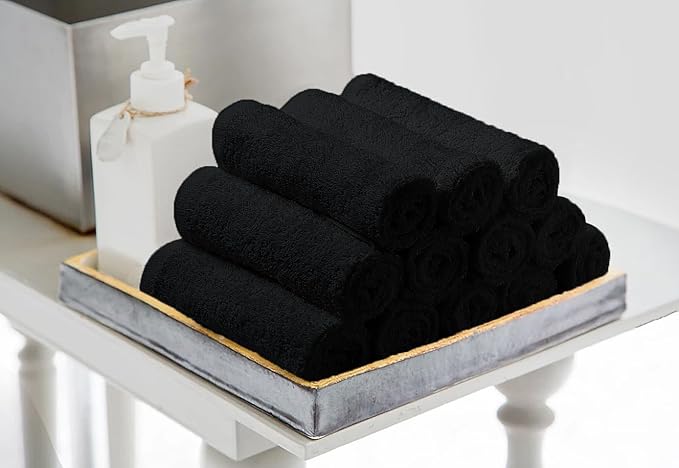 Avalon Towels Cotton Washcloths – (Pack of 36) Size 12x12 Inches, 100% Ring Spun Cotton, Soft & Absorbent Face Towels, Gym Towels, Hotel and Spa Quality, Reusable Fingertip Towels (Black)