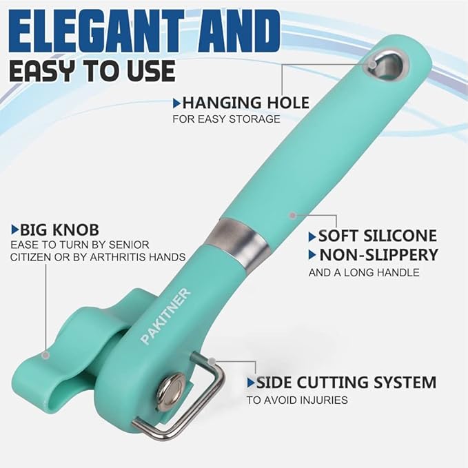PAKITNER- Cut safe can opener, Manual can opener smooth edge - handheld Side cut can opener, Ergonomic Smooth Edge, Food Grade Stainless Steel Cutting Can Opener for Home, Kitchen & Restaurant, Green