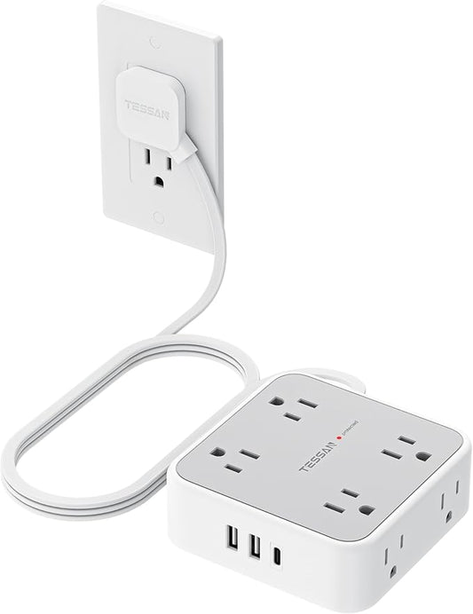 TESSAN Surge Protector Power Strip, 5 Ft Flat Plug Extension Cord with 3 USB (1 USB C) 8 Outlets, 900J Surge Protection, 3 Sided Outlet Extender with Power Switch for Office, Dorm Room Essentials