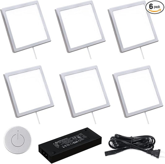 VST Under Cabinet Mini Panel Lighting 6PCS 3.94inch 12V 2.5W(Total 15W) with Wireless Dimmer Switch, Surface Mount Puck Light for Kitchen Van Truck Car Galley Downlight (Square Silver 4000K)