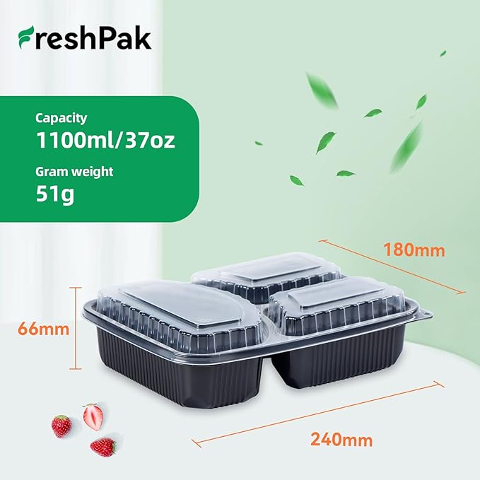 FRESHPAK Food Containers Reusable 40 Pack 38oz - Shrink Wrap Leakproof | Portion Control Leftover Plastic Container with Lid | BPA Free Freezer & Microwave Safe Meal Prep | 3 Compartment Takeout Boxes