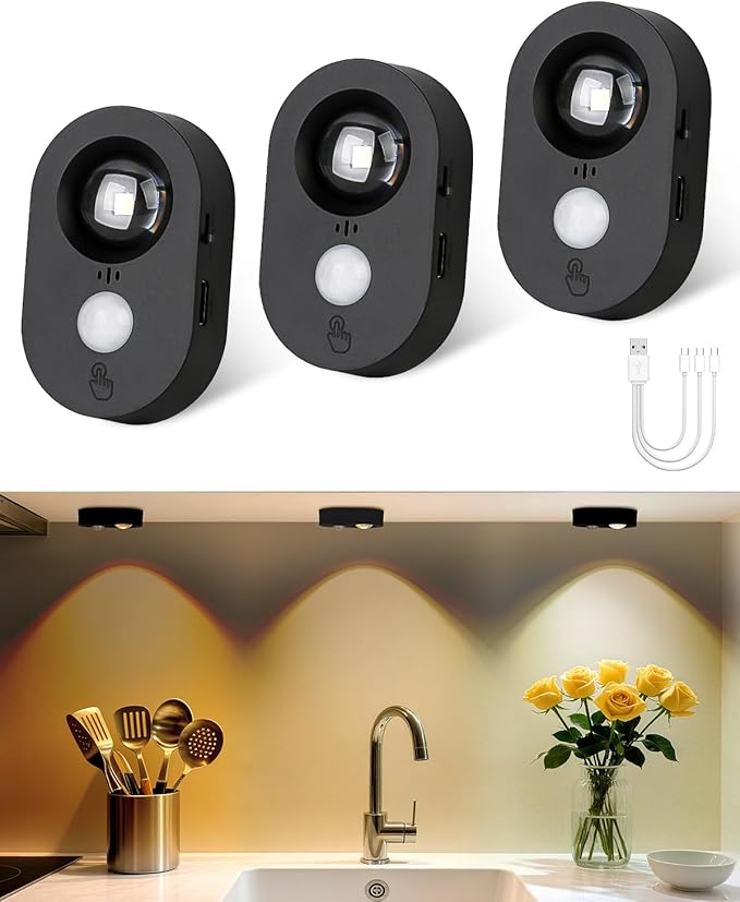 Yiliaw LED Motion Sensor Puck Lights Indoor, Small Rechargeable Under Cabinet Lighting, Dimmable Warm White Closet Lights, Stick on Wireless Night Light for Drawer, Shelf, Kitchen, Black (3 Pack)