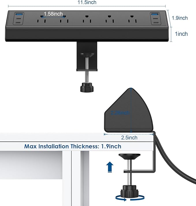 Desk Clamp Power Strip USB C,Under Desk Mount Power Station,20W Fast Charging,Fits 1.9'' Tabletop Edge,Desk Surge Protector,Perfect Home,Office Supplies (Black, 5 Outlets & 6 USB Ports & 25 FT Cable)