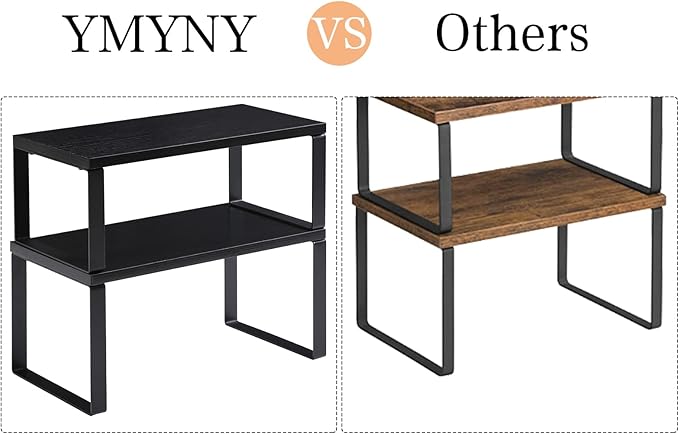 YMYNY Cabinet Shelf Organizer, Spice Racks Set of 4, Kitchen Counter Shelves, Stackable, Wood, Cupboard Organizer for Dishes, Seasoning, Cans, Coffee Mugs, Black, HSR002B-2