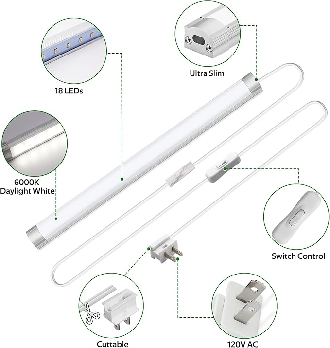 AIBOO Under Cabinet Lighting, Dimmable 12 inch Under Counter Lights, 120V Plug in & Hardwired, Linkable LED Closet Lights for Kitchen, Shelf, Workbench, Desk,Cupboard,Garage (6 PCS),Cold White 6000K