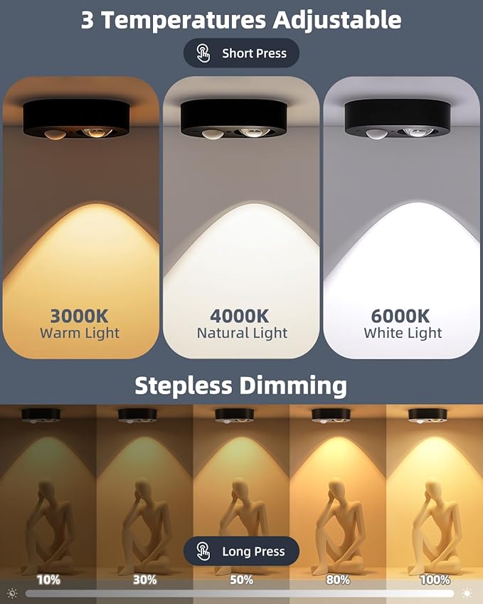 Yiliaw LED Motion Sensor Puck Lights Indoor, Small Rechargeable Under Cabinet Lighting, Dimmable Warm White Closet Lights, Stick on Wireless Night Light for Drawer, Shelf, Kitchen, Black (9 Pack)