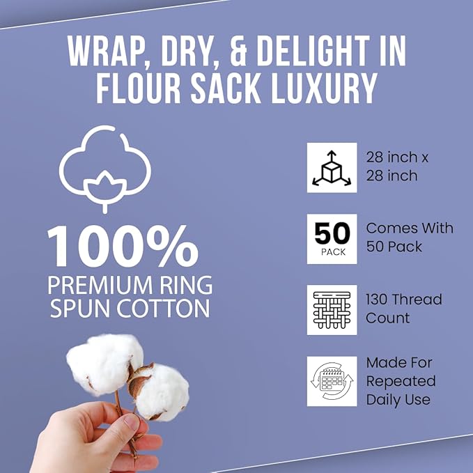WHITEWRAP Flour Sack Towels| TeaTowel for Crafts| Kitchen Dish Cotton Blank Towel for Embroidery|Baking Bread Proofing Linen Cover| Thick Absorbent Quick Dry| 50 Pack 28"x28" White