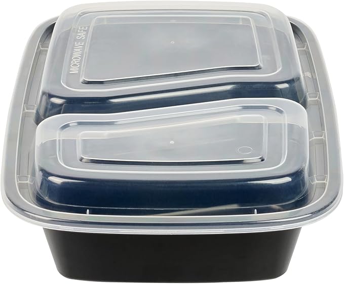 Restaurantware Asporto 32 Ounce Compartment Take Out Boxes, 50 Microwavable Meal Prep Containers - 2 Compartments, With Clear Plastic Lids, Black Plastic Food Containers, Do Not Contain BPA