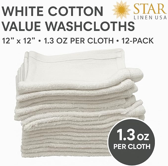 12 Inch x 12 Inch White Cotton Value Washcloths - Reusable Lt Weight Thin Cloth Rags - Bath/Exfoliating/Kitchen/Garage - Set of 12