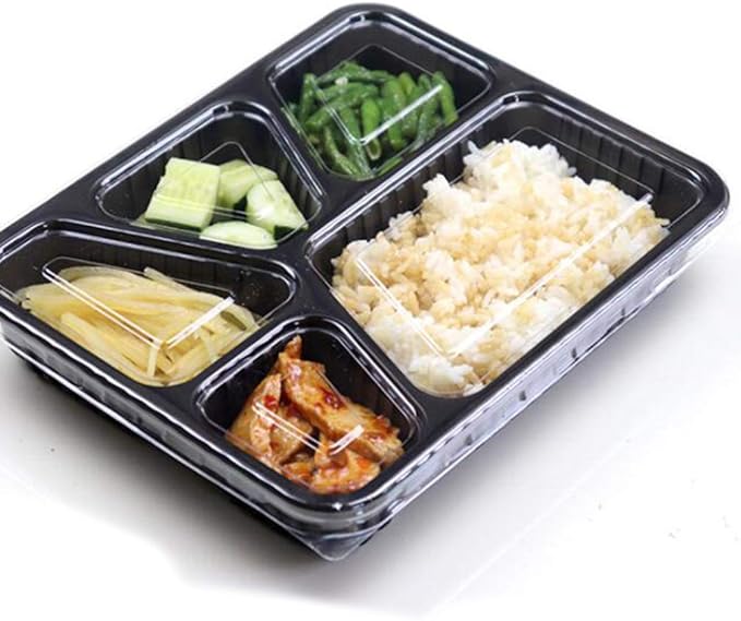 Hemoton 15pcs Disposable Bento Box 5 Compartment Meal Prep Container with Lid Microwave Heating Food Box for Home Restaurant (Black)