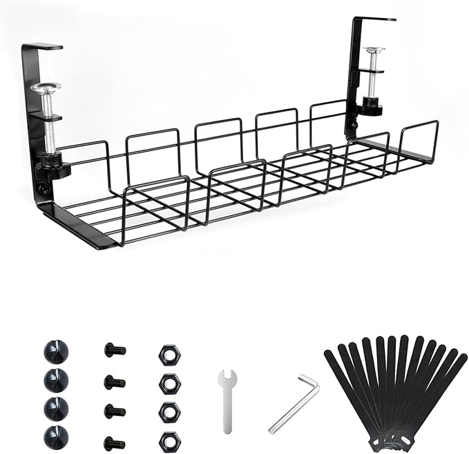Under Desk Cable Management 2pack Kit- 15.7'' Long 5.1'' Wide Tray, Steel Cord Organizers, 4 Cable Holder, 12 Roll Cable Organizer Straps, No Drill, No Damage to Desk(Black)