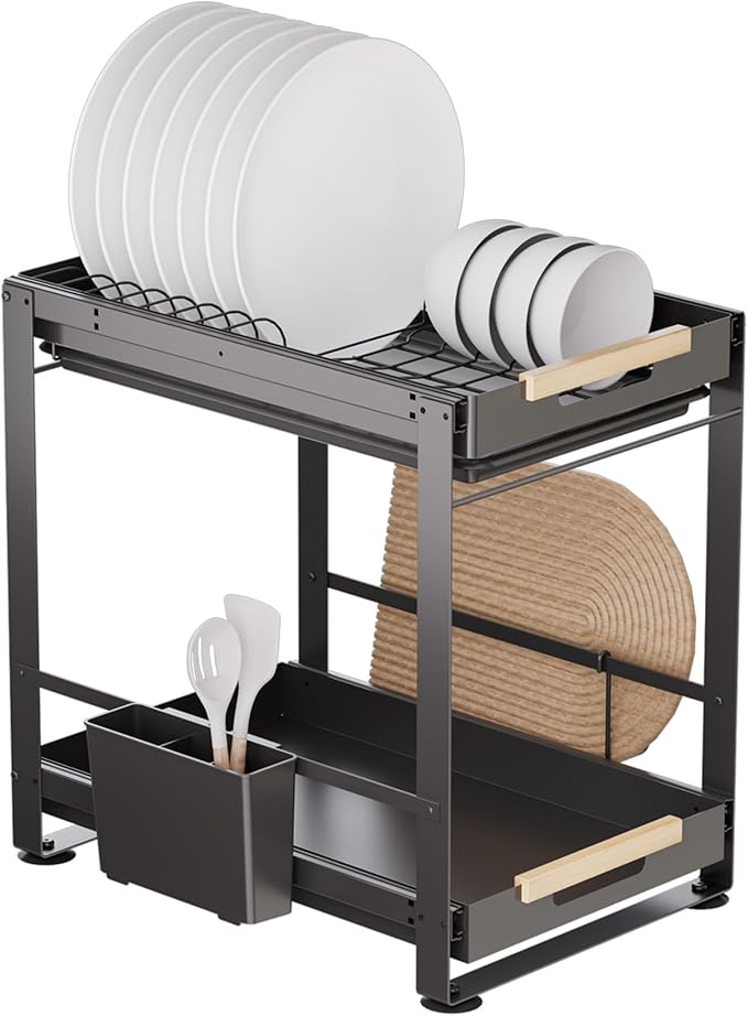 2-Tier Pull-Out Dish Rack & Spice Organizer for Kitchen Storage, Space-Saving Countertop Organizer for Dishes, Spice Jars and Utensils, 15.7''L x 11.2''W x 15.9''H, Steel, Black