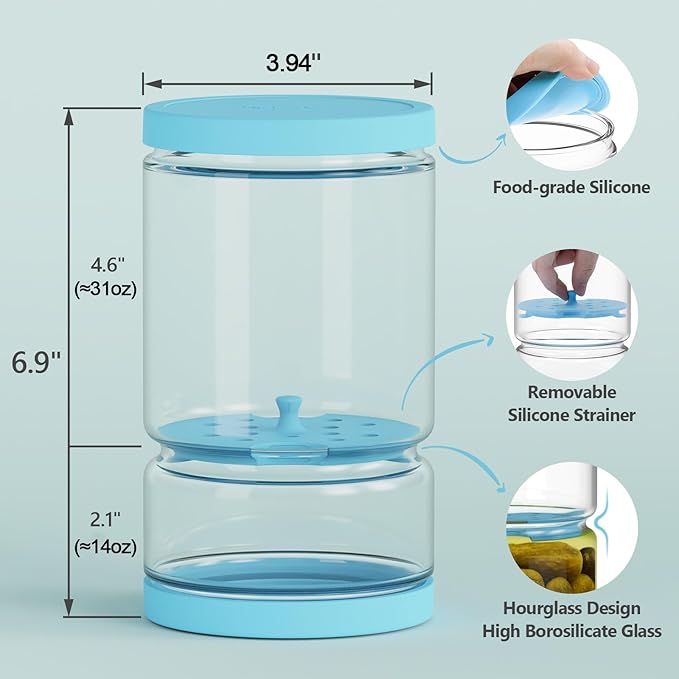 Glass Pickle Container with Strainer for Pickle Lover - 45OZ Leakproof Juice Separator Jar for Gherkin, Olive or Chilli, Dishwasher and Refrigerator Safe, BPA Free (Blue, 45 oz*2 pcs)