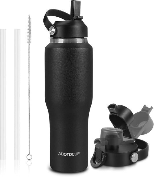 32oz Black Water Bottle Stainless Steel, Keep Cold 24H&Hot 12H, Water Bottle with Straw&Spout Lids, Insulated Water Bottle Double Wall Vacuum, Fit in Any Car Cup Holder, Leak-proof BPA Free