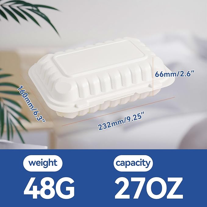 Food Containers 27 oz 9x6 50 Pack - Shrink Wrap Clamshells with Locking Hinge | BPA Free Mineral Filled PP | Freezer & Microwave Safe | Commercial White Reusable Meal prep Boxes for Takeout