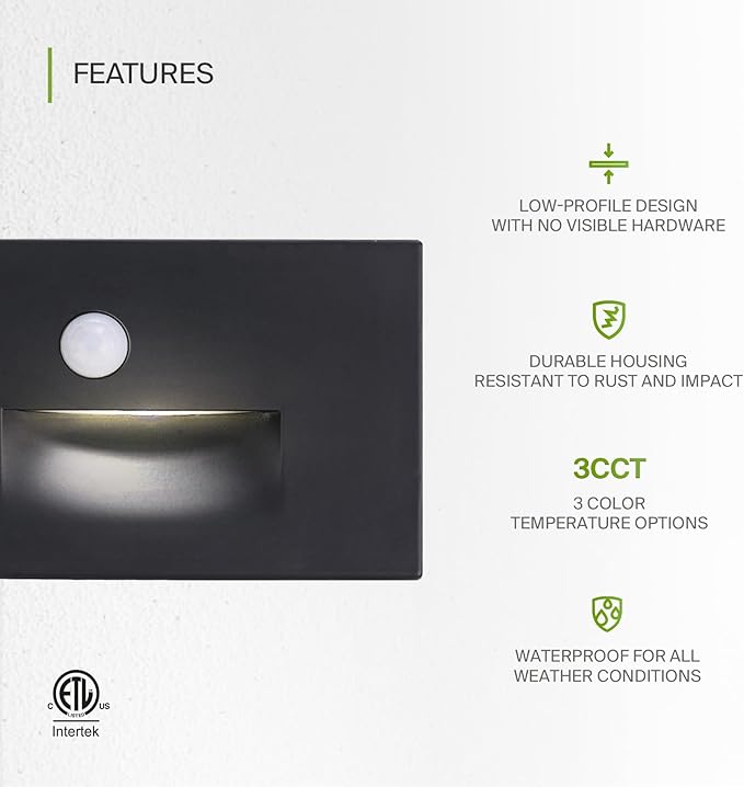 ASD LED Recessed Step Light Fixture, Outdoor & Indoor Stair Tread Lighting | 3CCT, Motion Sensor, Waterproof, ETL Listed | 3W 120LM 3000K-5000K 120V | Staircase Hardwired Illumination | Black, 4 Pack