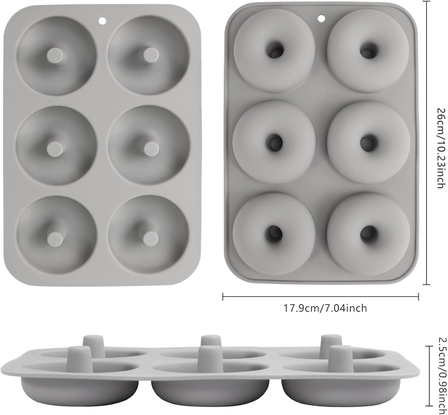 Aichoof Silicone Donut Mold for 6 Doughnuts, Set of 2. Food Grade LFGB Silicone Bagels Baking Pan, Non-Stick, Dishwasher Safe, Heat Resistant and Microwave Safe(Gray)