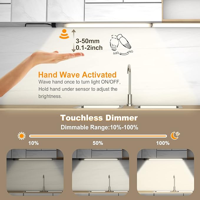 VST Hand Wave Activated Under Cabinet Lights Plug in, Closet Lights, Stepless Dimming Lighting for Kitchen Shelf Cupboard Closet Workbench (12inch 3Pack 4000K)