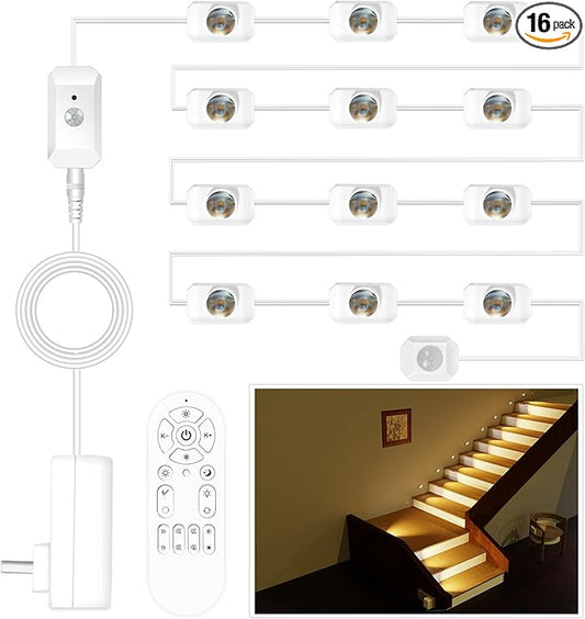 Upgraded Smart Stair Lights Motion Sensor Indoor, Plug-In Stairway Lights Indoor Hallway Baseboard Lighting with Cascading Effect, Dimmable, 3000K-6000K (16 Stairs)