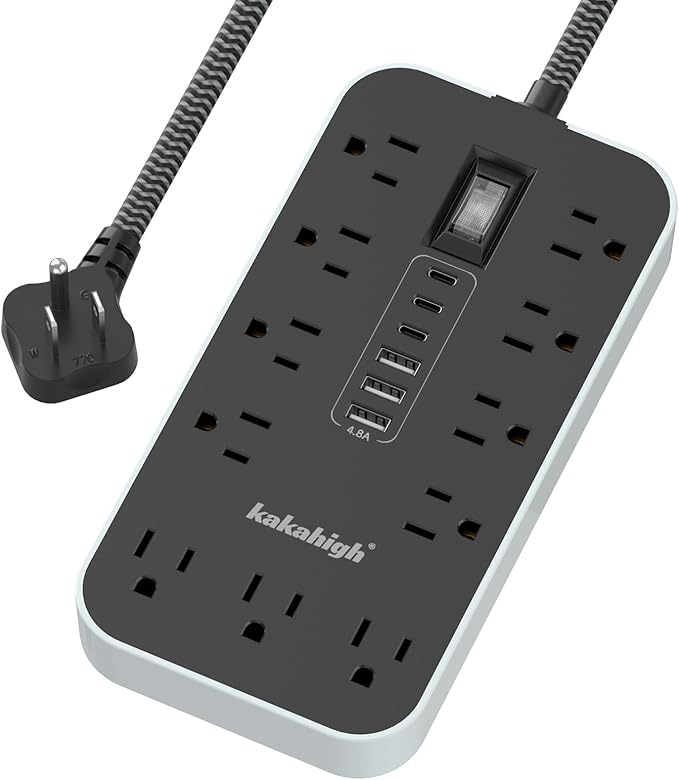 Flat Plug Extension Cord with Multiple Outlets- 10 FT USB Power Strip, 1625W AC Extension Cord with 11 AC Outlet 6 USB (24W/4.8A), Desk Charging Station for Home, Office, Dorm, Gaming Room Essentials