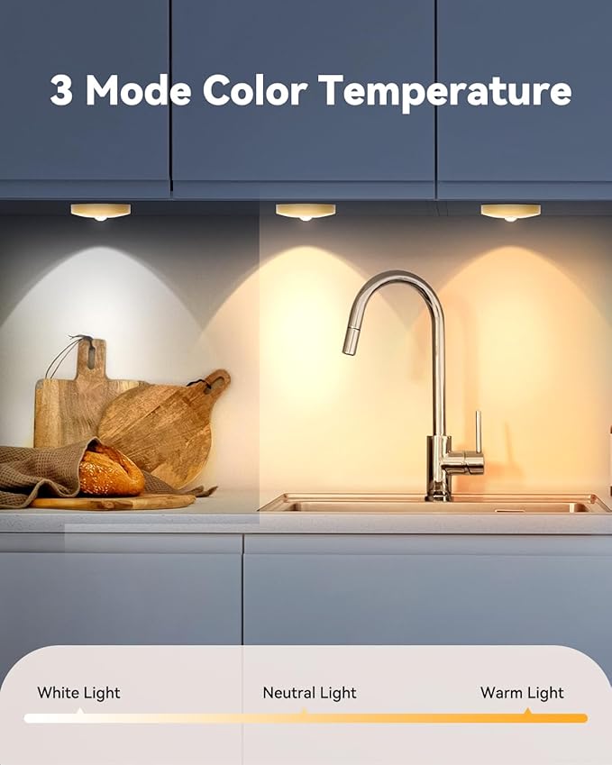 Rechargeable Puck Lights with Remote Control, 1500mAh Battery, 6Pcs Gold Stick-on Lights for Under Cabinet, Closet, Bedroom, Kitchen with Dimmer & Timer Function
