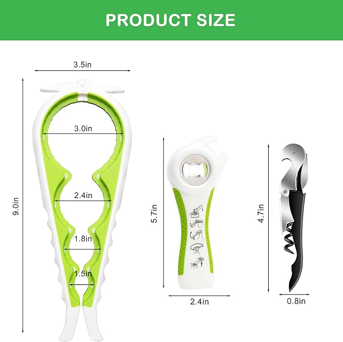 Jar Opener for Weak Hands, Seniors with Arthritis, 5 in 1 Multi Function Bottle Opener Lid Opener For Arthritic Hands with Corkscrew Wine Opener (green)