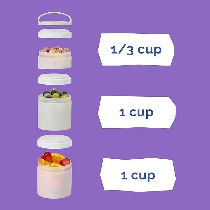 Whiskware Stackable Snack Containers for Kids and Toddlers, 3 Stackable Snack Cups for School and Travel, Green/Purple/Purple