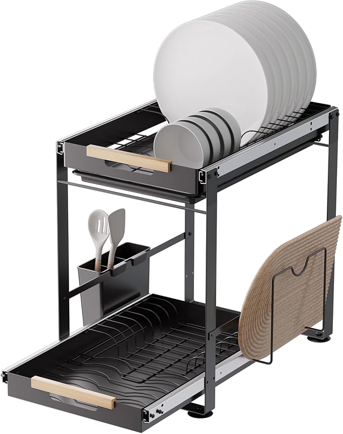 2-Tier Pull-Out Dish Rack & Spice Organizer for Kitchen Storage, Space-Saving Countertop Organizer for Dishes, Spice Jars and Utensils, 15.7''L x 11.2''W x 15.9''H, Steel, Black