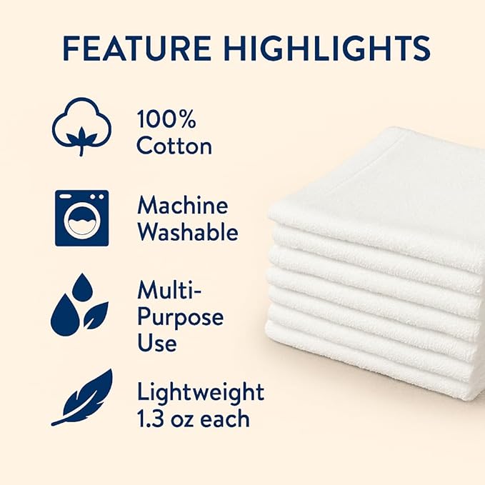 12 Inch x 12 Inch White Cotton Value Washcloths - Reusable Lt Weight Thin Cloth Rags - Bath/Exfoliating/Kitchen/Garage - Set of 240