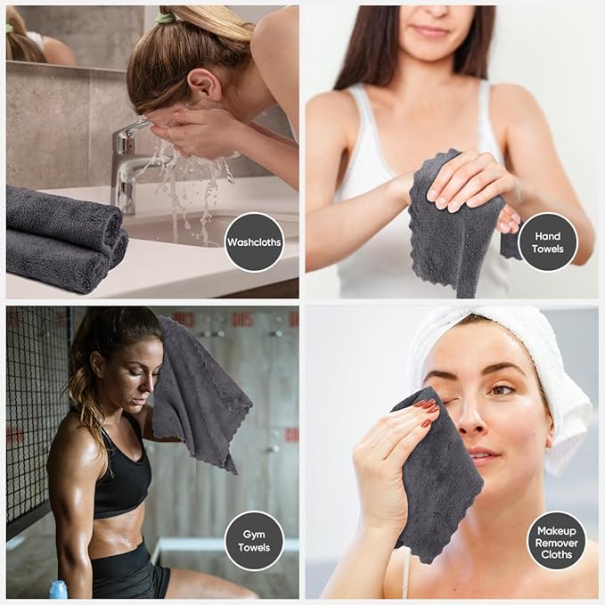 Orighty Washcloths 96 Pack, Ultra Soft Face Cloths 12 x 12 inch, Absorbent & Quick Drying Coral Velvet Washcloth Bulk, Multi-Purpose Face Cloth for Household, Cleansing and Sport (Grey)