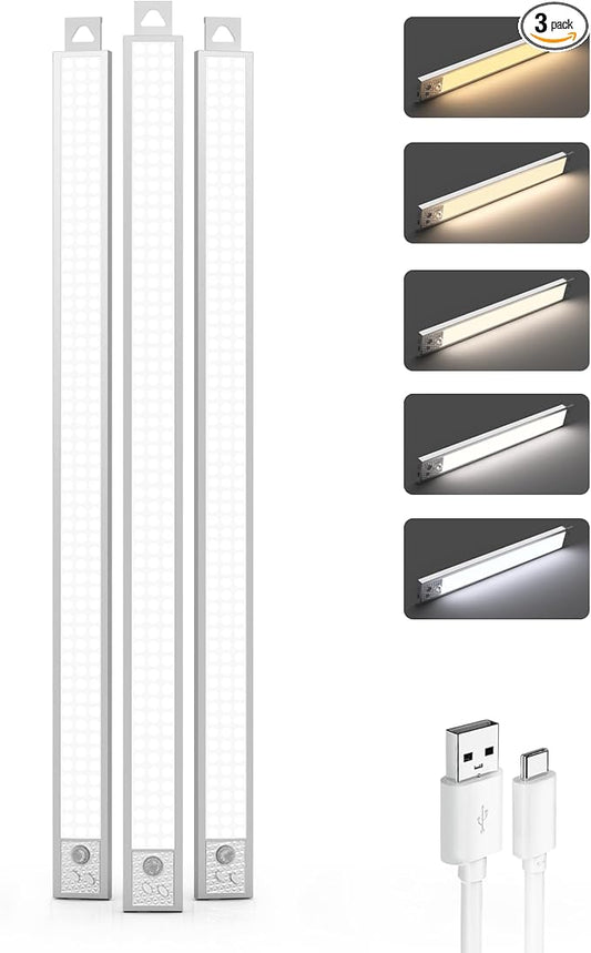 24 Inch Under Cabinet Lighting, 3Pack 5CCT Dimmable Closet Lights, Motion Sensor LED Lights of Battery Operated, Rechargeable Under Counter Light for Kitchen, Stairs, Bedroom, Wardrobe