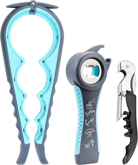Multi-Function Jar, Bottle & Wine Opener Set for Weak Hands, 5 in 1 Multi Function Bottle and Lid Opener For Arthritic Hands with Non Slip Rubber
