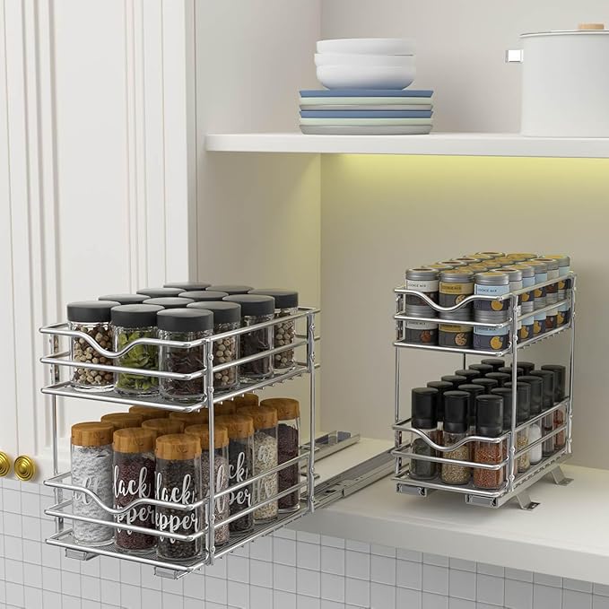 OCG 2 Tier Pull Out Spice Rack Organizer（8.3" W x 10.4" D） for Cabinet, Slide Out Seasoning Organizer Fits Spices, Sauces, Cans etc