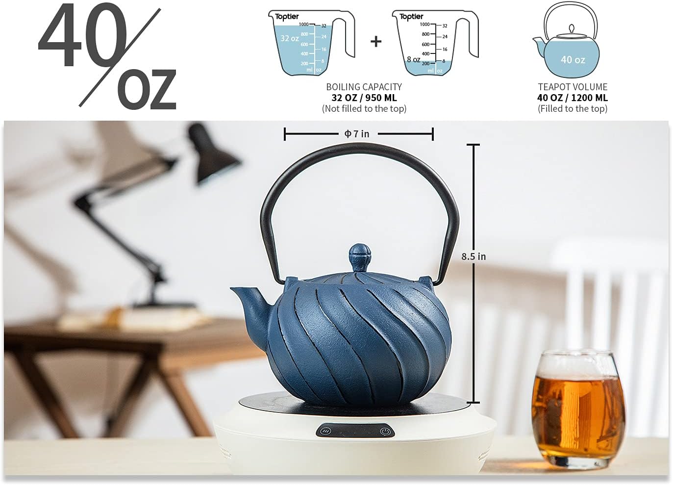 TOPTIER Japanese Cast Iron Tea Kettle with Infuser for Loose Leaf and Tea Bags, Stovetop Safe Teakettle with Enameled Interior, 40 oz (1200 ml), Navy Blue