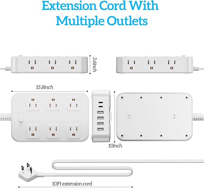 Flat Plug Power Strip Surge Protector with 12 AC Outlets 6 USB Ports 3 Side Multi Plug Outlet Extender 10 Ft Extension Cord for Home Office Kitchen Dorm Wall Desk Charging Station ETL Listed