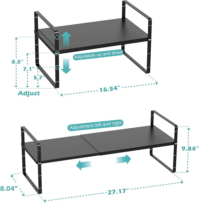 Cabinet Organizer Shelf,Expandable in Cabinet Storage Shelf,Kitchen Cupboard Organizer,Stackable Spice Rack for Kitchen,Pantry,Countertop Storage,8.07" D,Black