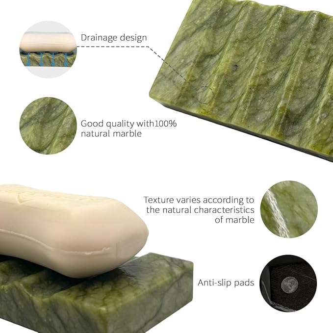 Real Marble Soap Dish for Shower - Stone Tray, Small Bar Soap Holder with Drainage | Non-Slip, Luxury Bath Room Accessories (Earth Green)