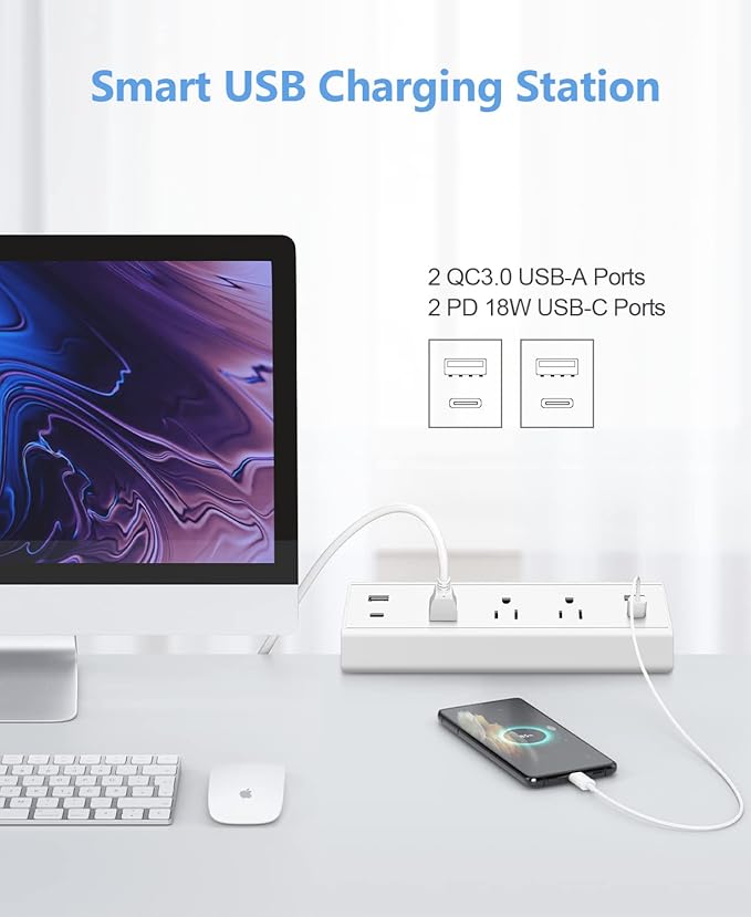 Desk Clamp Power Strip,40W Fast Charging Station,Desktop Mount Surge Protector,2 PD 20W USB C Ports,3 Outlets for Home,Office,Fit 1.9" Tabletop Edge (White, 3 Outlets & 4 USB Ports & 20 FT Cable)
