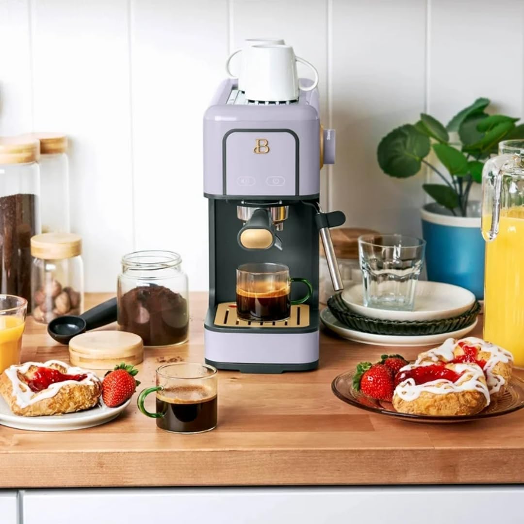 Beautiful Slim Espresso Maker by Drew Barrymore – 20‑Bar Pressure, Dual‑Spout 52 mm Portafilter, 50 oz Removable Tank, 2‑in‑1 Steam Wand & Touch Controls (Lavender)