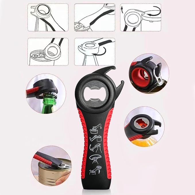 2PCS 5 in 1 Multi-Function Jar and Bottle Opener for Weak Hands - Manual Can Opener With Non-Slip Rubber Gripper Pad - Easy Twist Tool for Arthritic Hands (Red)