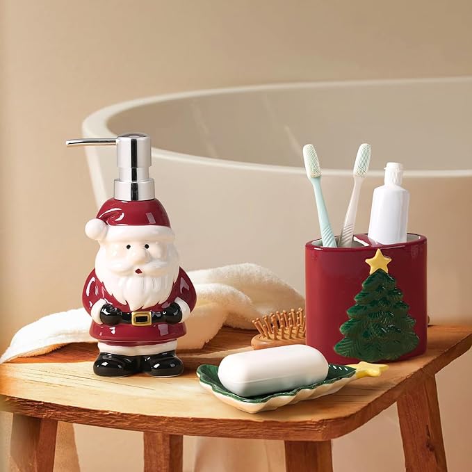 Merry Christmas Bathroom Accessories Set 4 Pieces Toothbrush Holder Soap Dispenser Ceramic Bathroom Accessory Set Contain Toothbrush Cup Soap Dish Tumbler