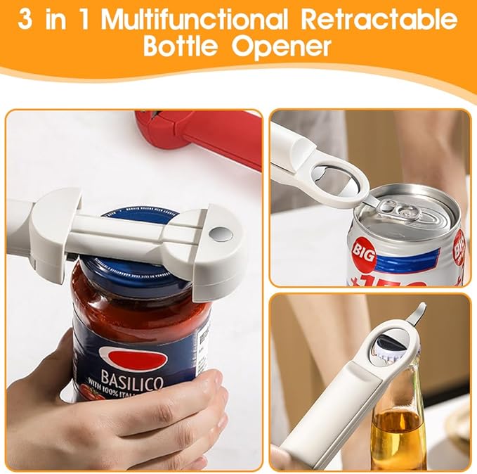 3 In 1 Multifunctional Retractable Bottle Opener, Jar Opener Stainless Steel Adjustable Screwer for Weak Hands, Senior Arthritis