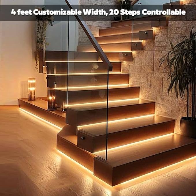 ES32 Motion Sensor Step Lights Indoor 3000K Warm White Linear COB LED Strip for 4ft Cuttable Stairs, 20 Stair Controllable Tread Light Strips (Complete Kit Items) (3000k)