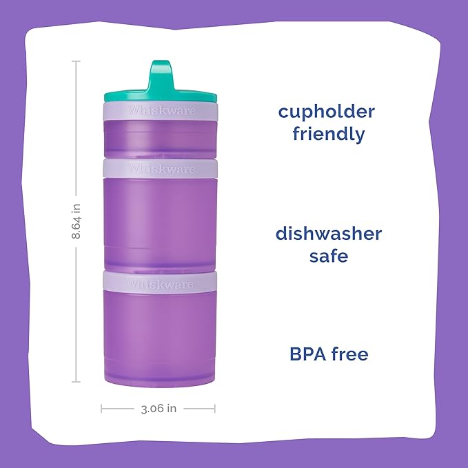 Whiskware Stackable Snack Containers for Kids and Toddlers, 3 Stackable Snack Cups for School and Travel, Green/Purple/Purple